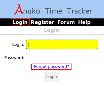 Forgot password? link (reset password url) on Time Tracker Login page