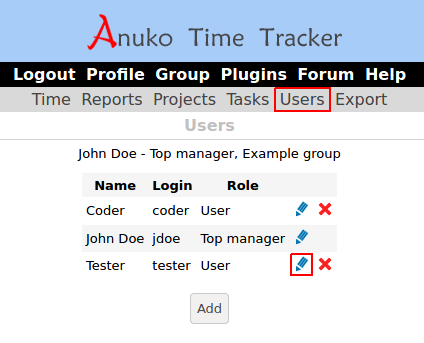Group managers can change passwords on the Users page in Time Tracker