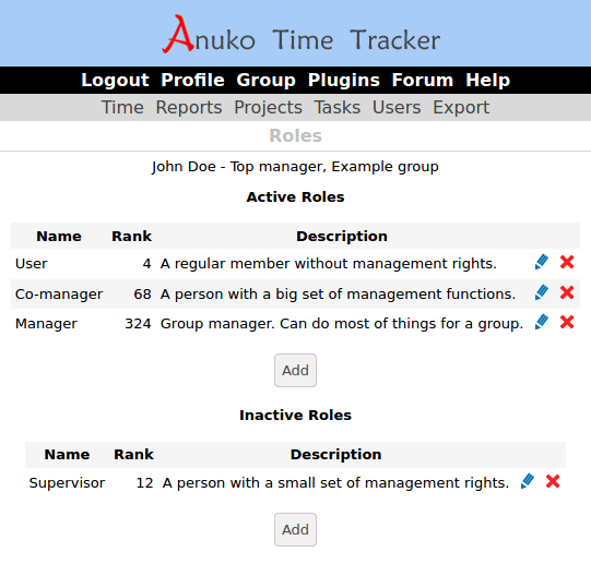 Role Editor in Time Tracker showing default active and inactive user roles