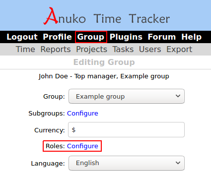 Accessing Role Editor from Group settings in Time Tracker