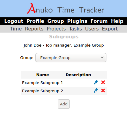 Subgroups allow to organize users in Time Tracker