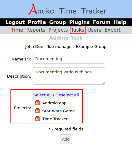 When adding tasks in Time Tracker you can bind them to active projects