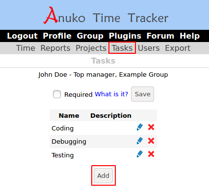 Managing a task list in Time Tracker on the Tasks page
