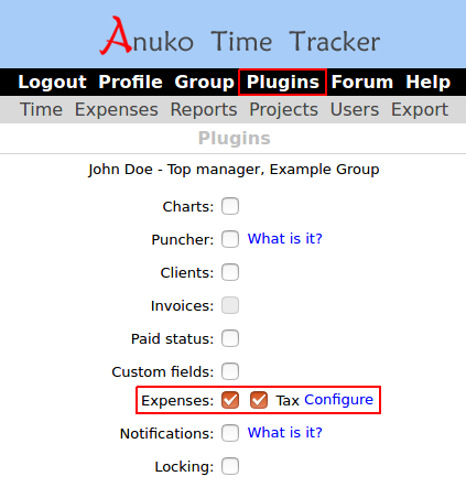Enabling the Expenses plugin in Time Tracker