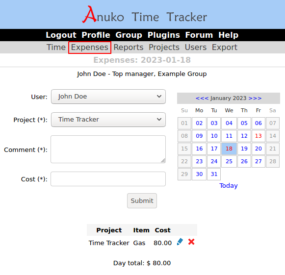 Tracking expenses in Time Tracker