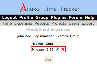 Predefined mileage expense
