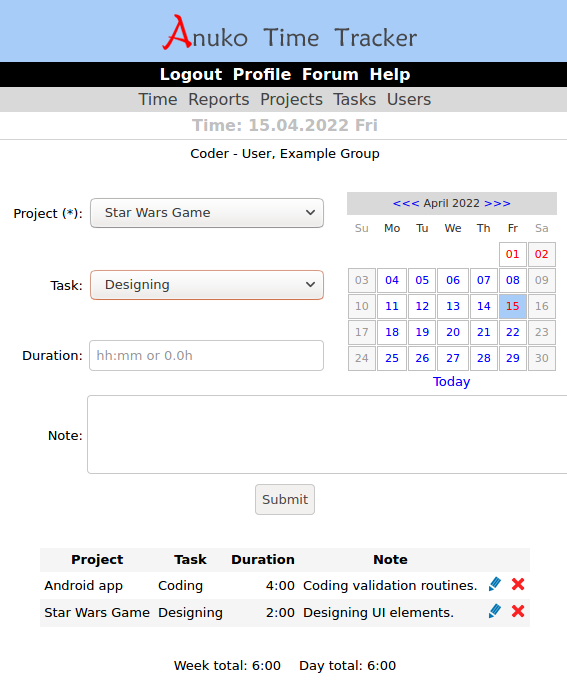 Tracking time by projects and tasks in Time Tracker