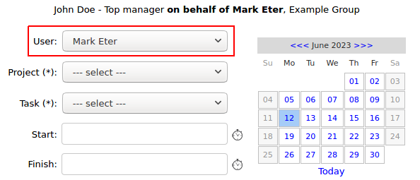 Working on behalf of another user in Time Tracker