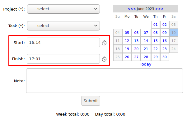 Start and Finish controls on the Time page to provide beginning and end times for records