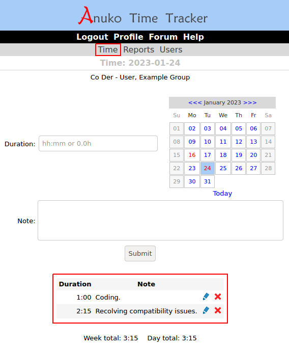 Tracking time with a desktop browser in time tracking mode and duration record type