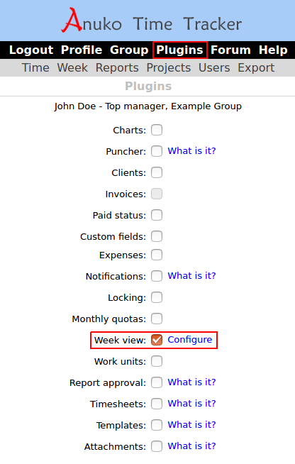 Enabling Week view plugin in Group settings in Time Tracker