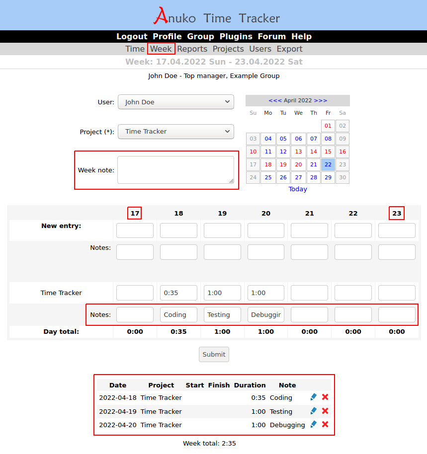 Week view in Time Tracker with all enabled config options