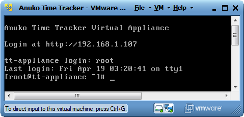 Time Tracker virtual appliance - console screen in VMware Player