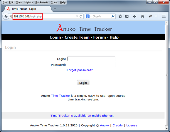Time Tracker appliance login screen in user browser when pointed to its IP address