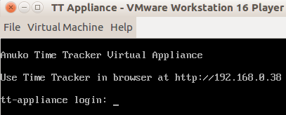 Time Tracker virtual appliance console in VMware after start
