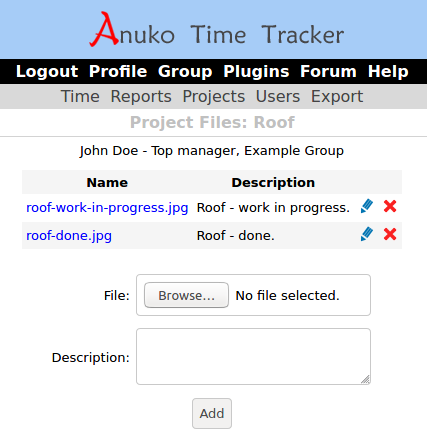 A list of files attached to a project in Time Tracker