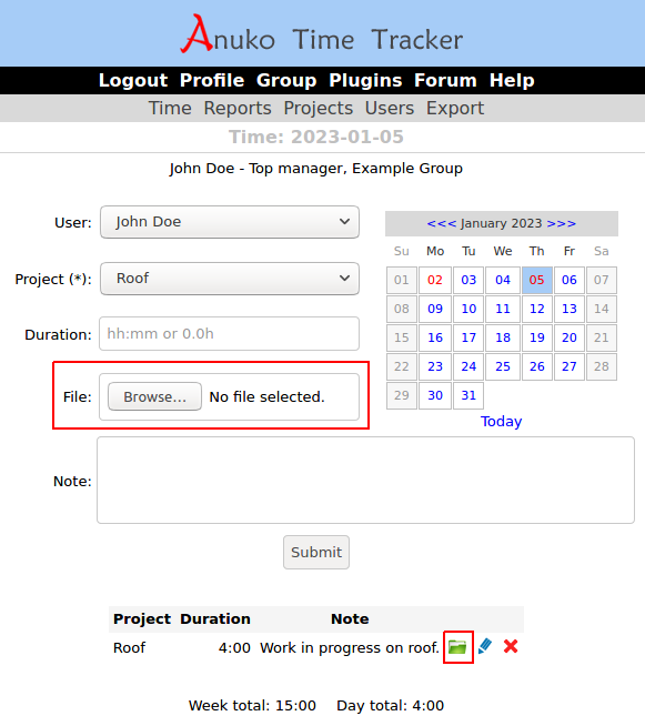 Attaching a file to a new time entry in Time Tracker