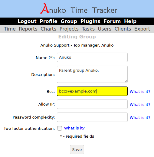 Bcc email config option in in Time Tracker