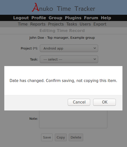 Confirm saving, not copying this item warning is displayed in Time Tracker when edited items are saved with a changed date