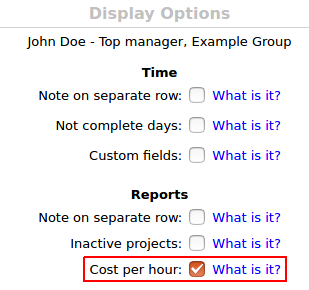 Cost per hour report option shows an additional column with hourly rate