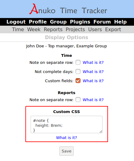Custom CSS field can be used to change Time Tracker user interface elements