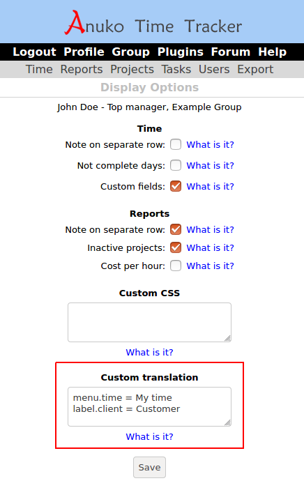 Custom translation field can be used to change Time Tracker user interface labels