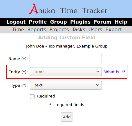 Entity type selector for custom field