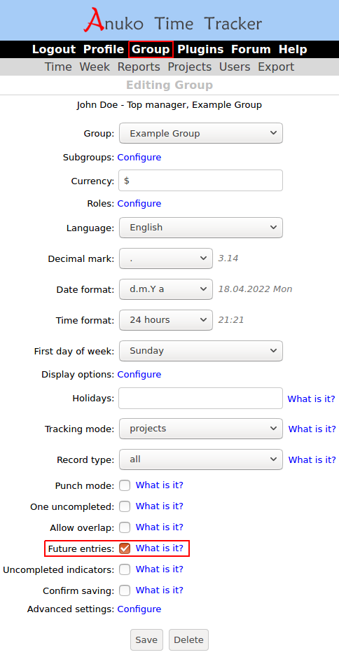 Future entries option in Group setting in Time Tracker