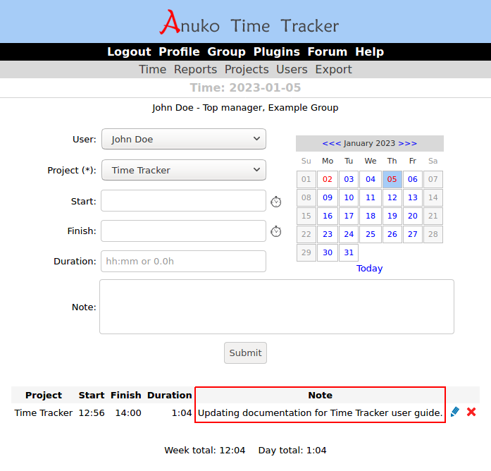 Note in the same row in Time Tracker printed as column