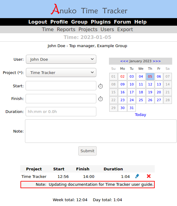 Note on separate row in Time Tracker saves horizontal space eliminating 1 column