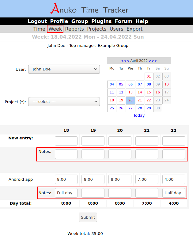 Week view with enabled notes in Time Tracker