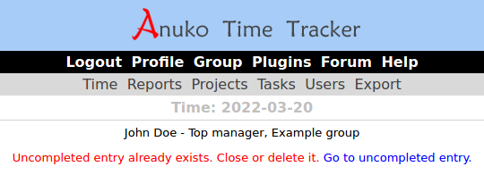 Uncompleted entry already exists. Close or delete it. Go to uncompleted entry. error in Time Tracker