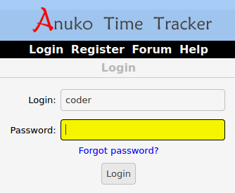 Regular login screen in Time Tracker asking for user login and passord