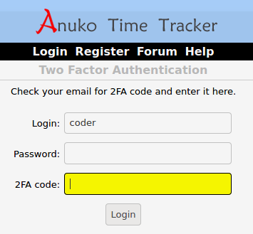 2Two Factor Authentication screen in Time Tracker asking for user 2FA code and password