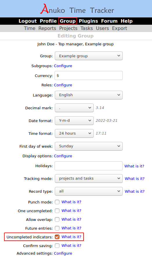 Uncompleted indicators in Time Tracker show who has an uncompleted entry on Users page. Enable uncompleted indicators in Group settings.