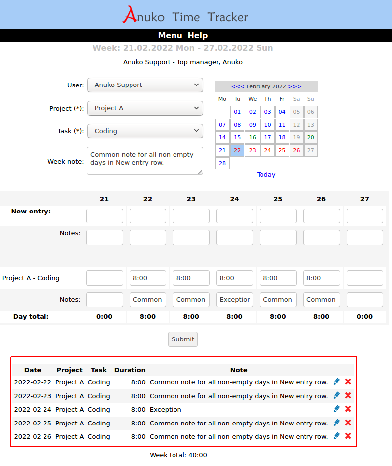 A list of week entries shows up in week view in Time Tracker when week list flag is set