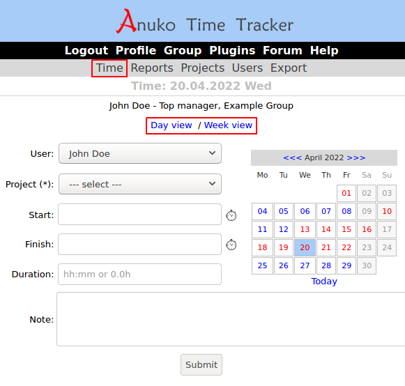 Navigation links to day and week views in Time Tracker without Week menu