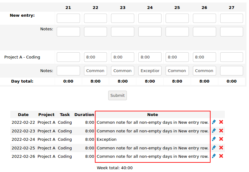 A result of a week note insert in Time Tracker with an exception for one day