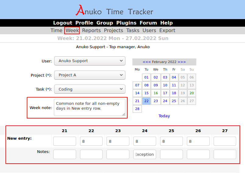Using the Week note field on Week view in Time Tracker