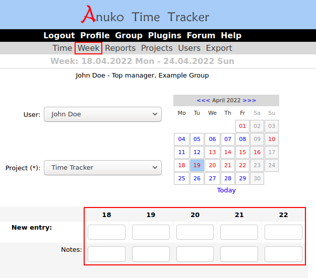 Week view with disabled weekends in Time Tracker