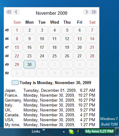 Clocks for G7 countries in tooltip with local calendar in Windows 7