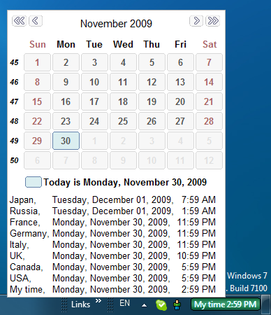 Clocks for G8 countries in tooltip with local calendar in Windows 7