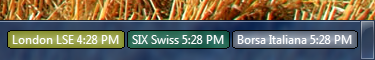 Clocks for LSE, SIX Swiss, and Borsa Italiana in Windows 7 taskbar