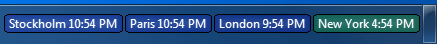 Clocks for Stockholm, Paris, London, and New York clocks in Windows 7 taskbar