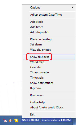 Right-click menu in Anuko World Clock after disconnecting second monitor